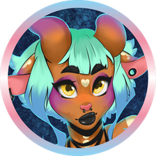 AnaGoat's avatar: an orange-furred goat with mint-green hair, yellow eyes and ear piercings, inside a pink and blue ring